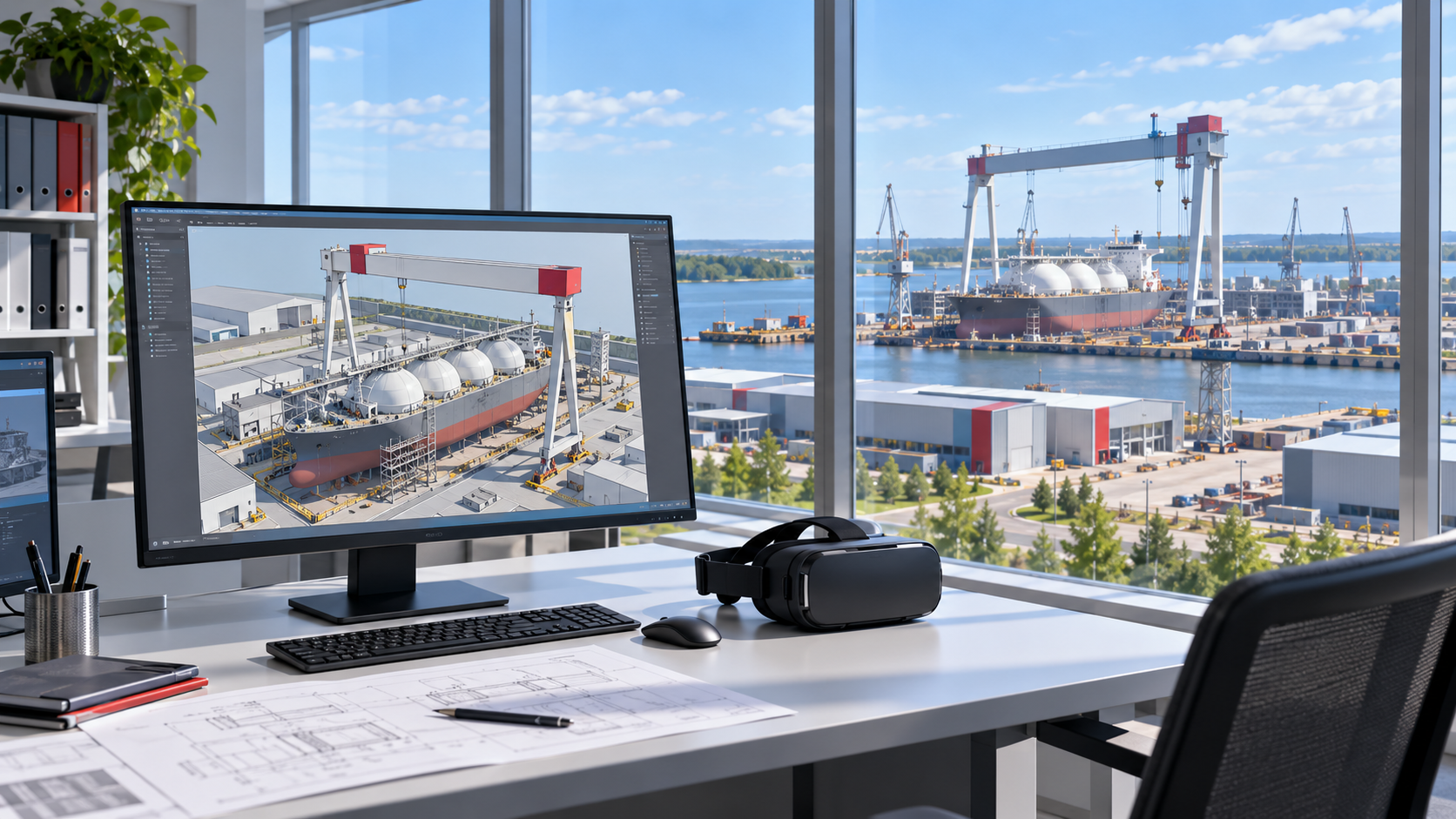 Монитор с 3D-моделью крана и газовоза, VR-шлем на фоне судоверфи — иллюстрация проекта